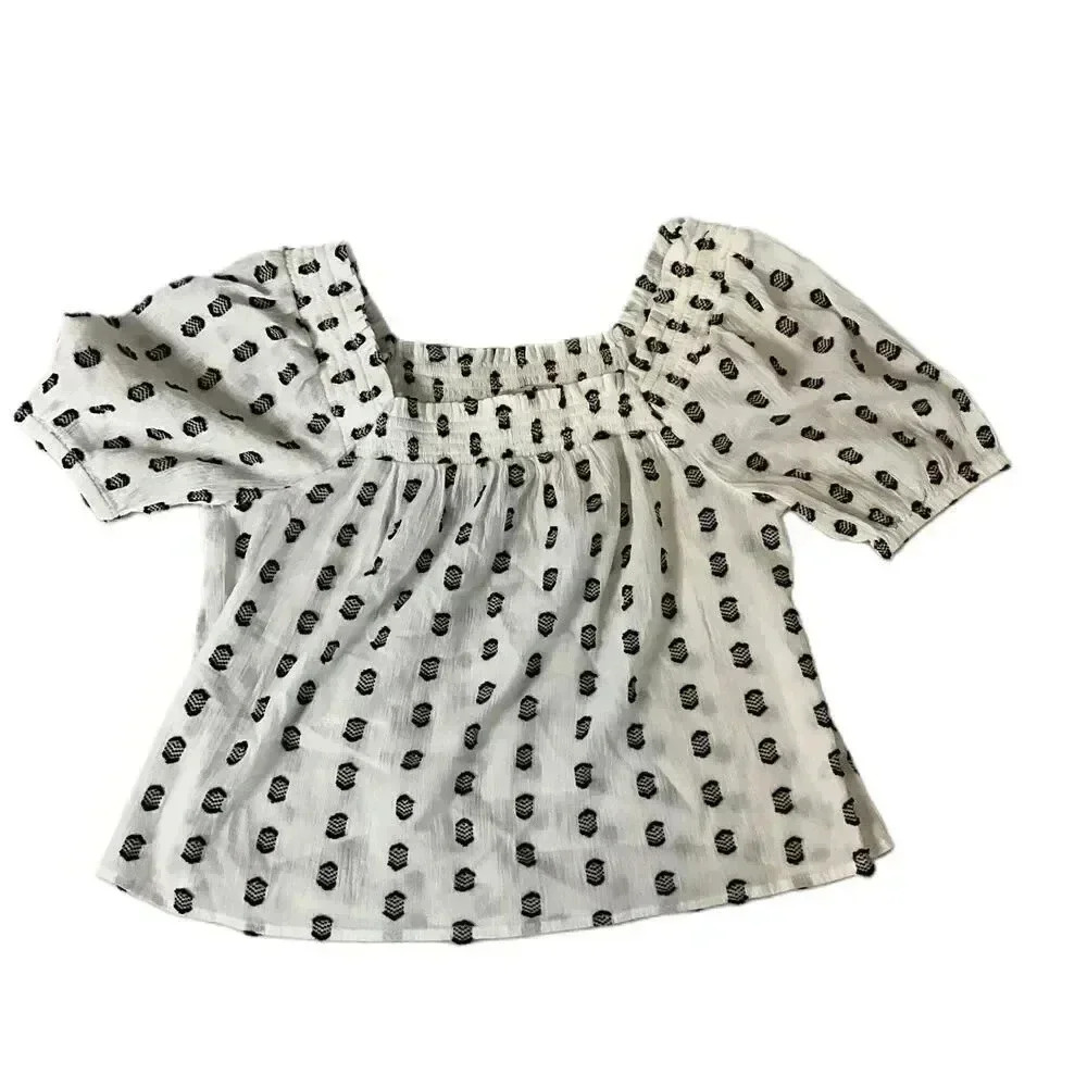 LOFT Black White Patterned Square Neck Short Puff Sleeve Peasant Blouse Size MP